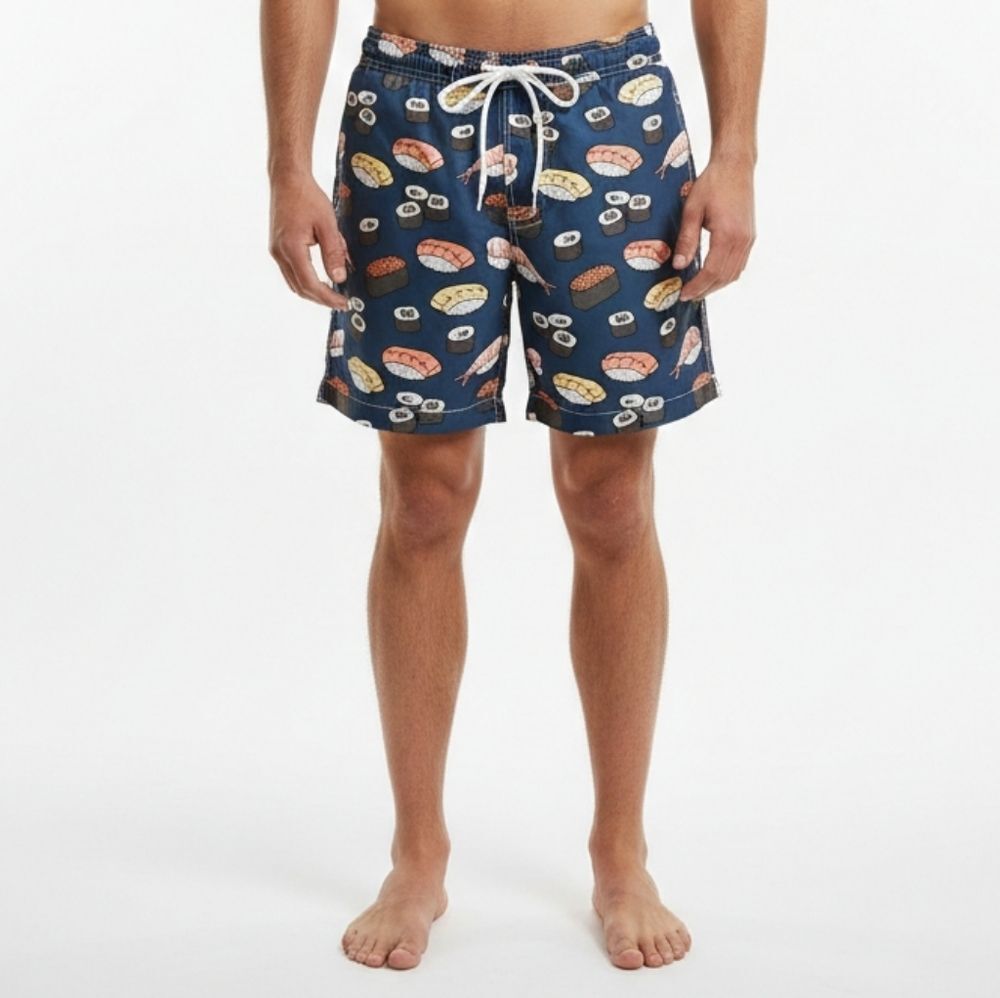 Trunk Mens Navy Sushi Print Swim Trunks M Quirky Novelty Summer Board Retro
